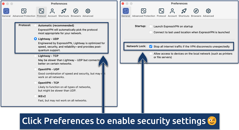 Screenshot showing the ExpressVPN Preferences panel