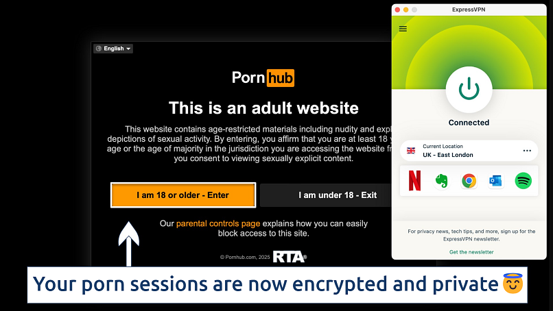 Screenshot showing the ExpressVPN app over Pornhub on a browser