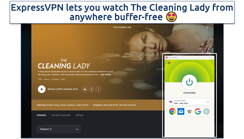 Screenshot of watching The Cleaning Lady with ExpressVPN connected