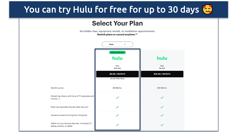 Screenshot of the Hulu subscription plans