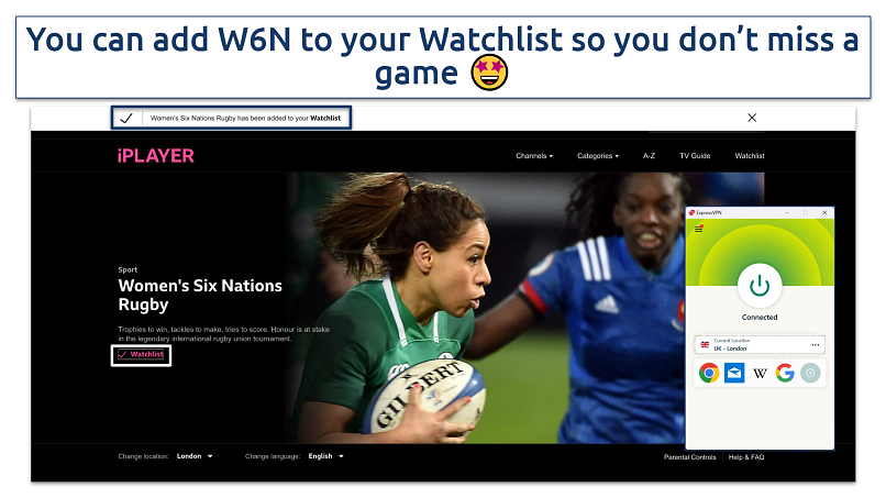 A screenshot showing Women's Six Nations on BBC iPlayer with ExpressVPN connected