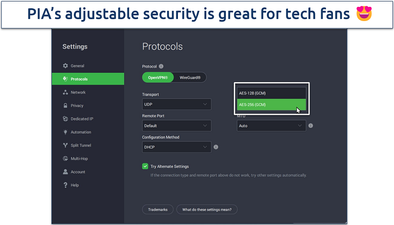 Screenshot of the Protocols settings menu in PIA VPN