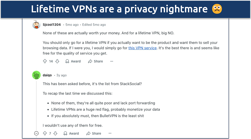 Screenshot of a Reddit discussion warning against lifetime VPN subscriptions