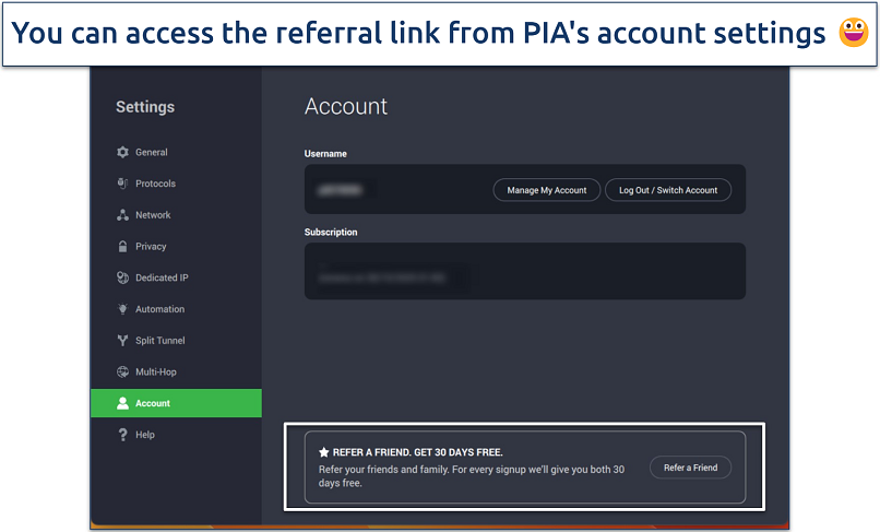 Screenshot of the PIA VPN account settings showing a referral program