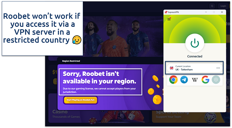 Screenshot showing the Roobet access error with ExpressVPN on a UK server