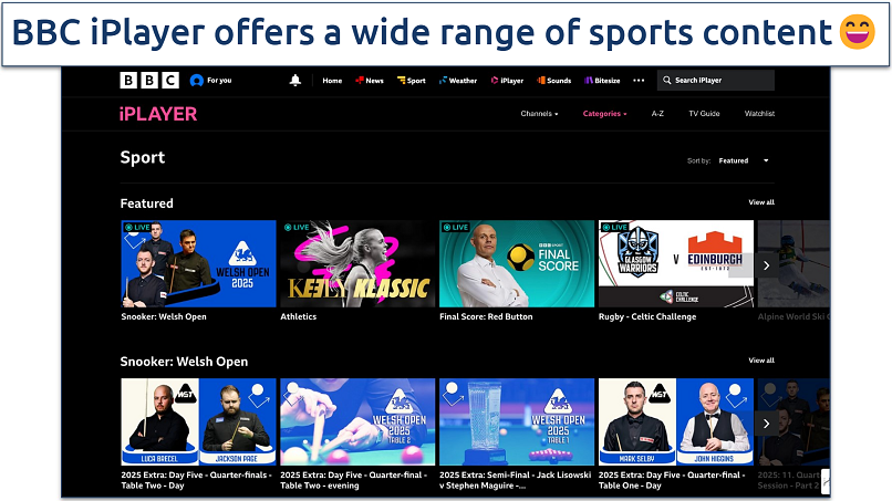 Screenshot of BBC iPlayer sports page