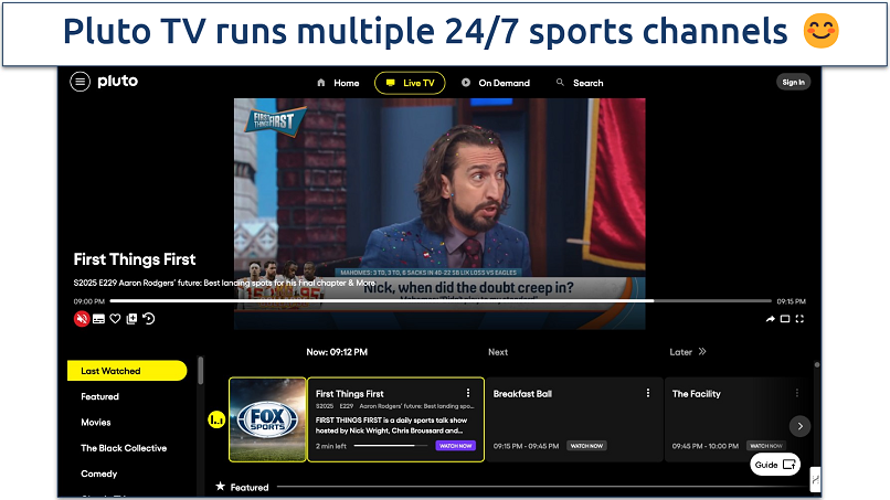 Screenshot of PlutoTV sports page