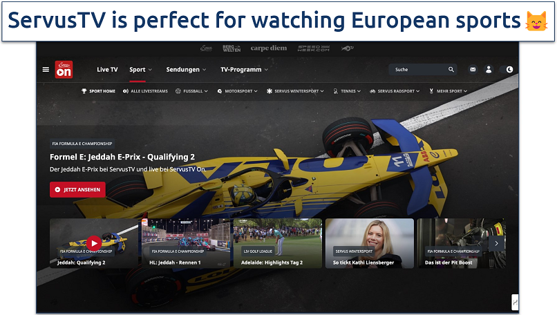 Screenshot of ServusTV sports homepage