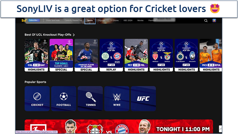 Screenshot of SonyLIV sports homepage featuring cricket coverage