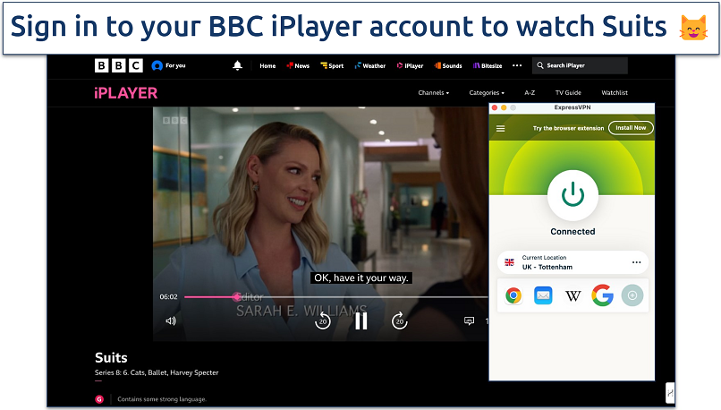 Screenshot of Suits streaming on BBC iPlayer with ExpressVPN connected