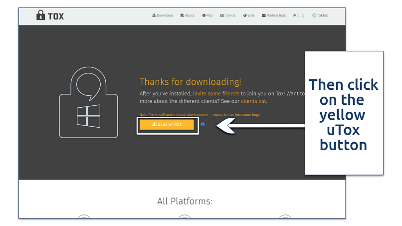 A screenshot showing the Tox.Chat client download page