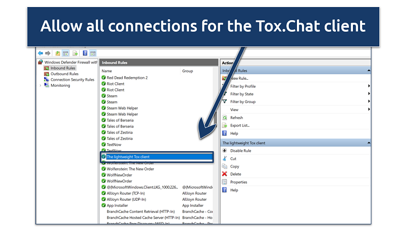 A screenshot showing how to allow Tox.Chat client in the firewall settings