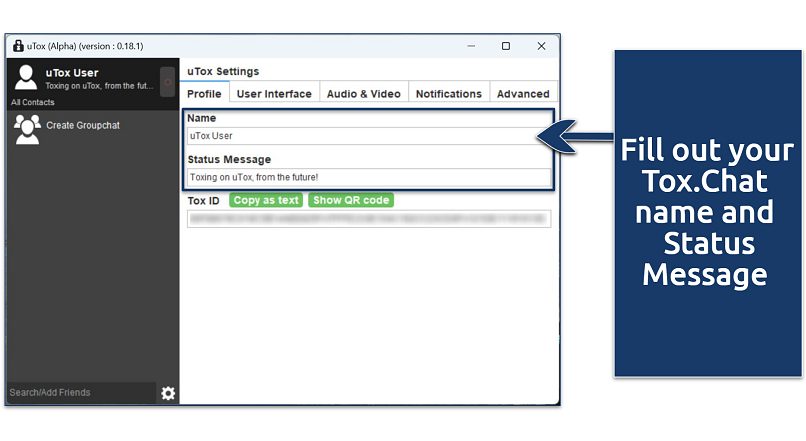 A screenshot showing how to fill out personal info in the Tox.Chat client