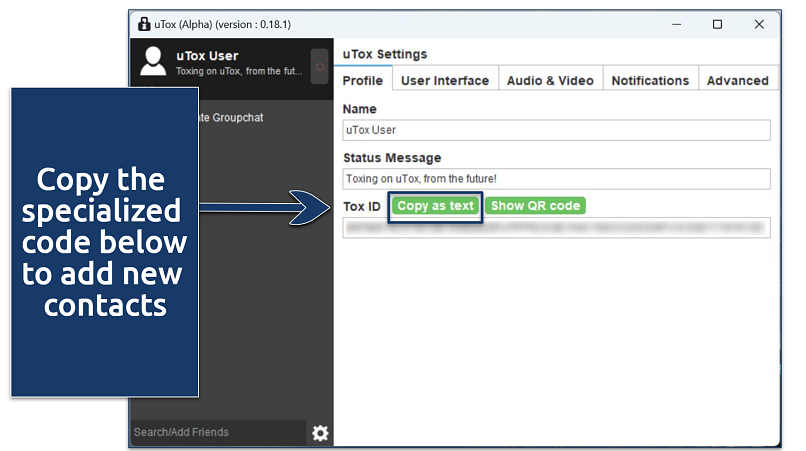 A screenshot showing how to get your special Tox.Chat client