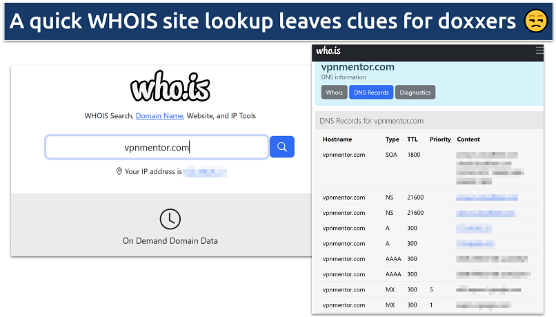 Screenshot showing WHOIS lookup for vpnMentor