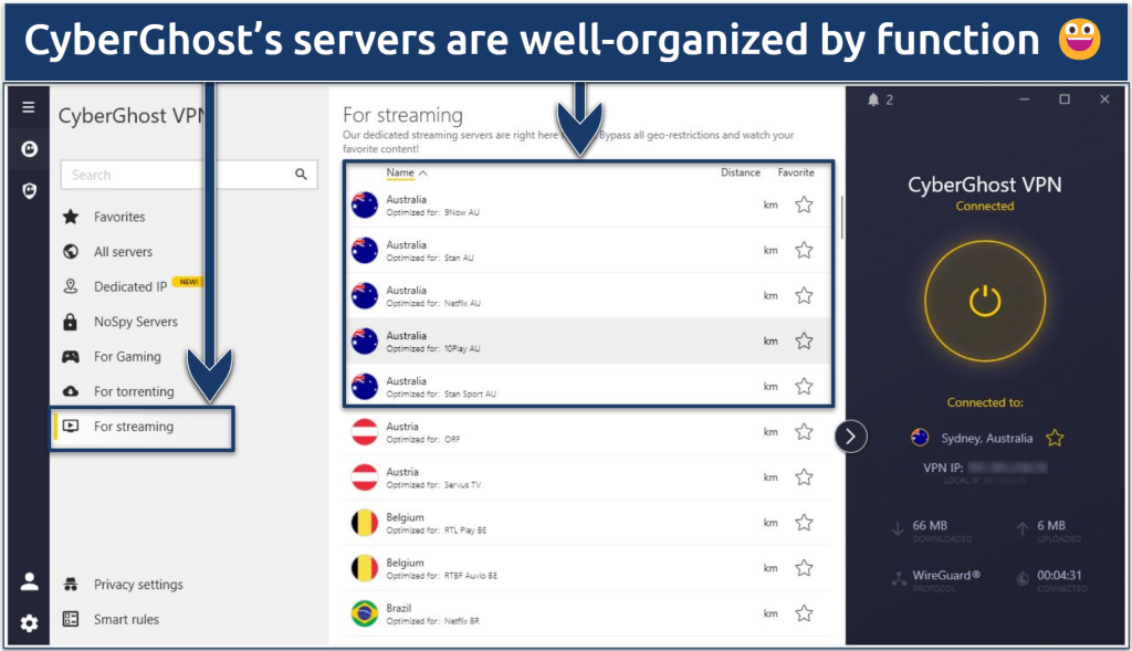 Screenshot of the CyberGhost Windows app showing the Australian streaming servers