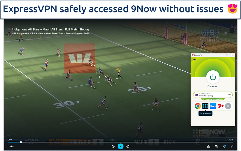 Screenshot showing a Rugby match playing on 9Now with ExpressVPN connected to the Sydney server
