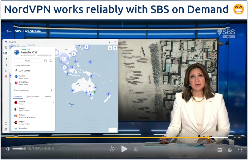 Screenshot showing a news broadcast on SBS Live with NordVPN connected to an Australia server