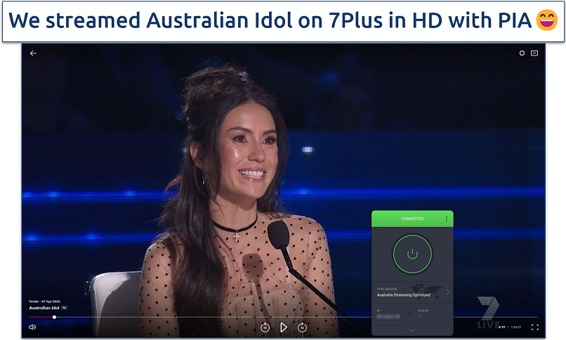 Screenshot showing Australian Idol playing on 7Plus with PIA connected to the Australia streaming-optimized server