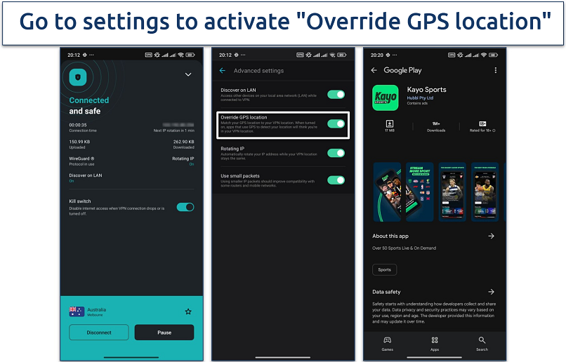 Screenshot showing the GPS spoofing feature on Surfshark's Android app