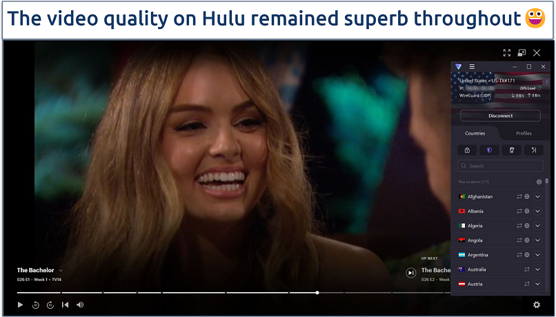 A screenshot of The Bachelor playing on Hulu with Proton VPN connected to a US streaming-optimized server