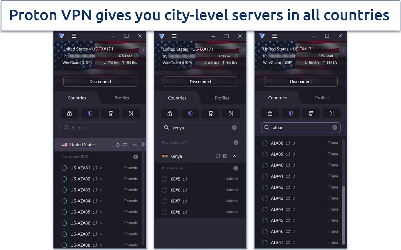 A screenshot showing Proton VPN offers city-level servers