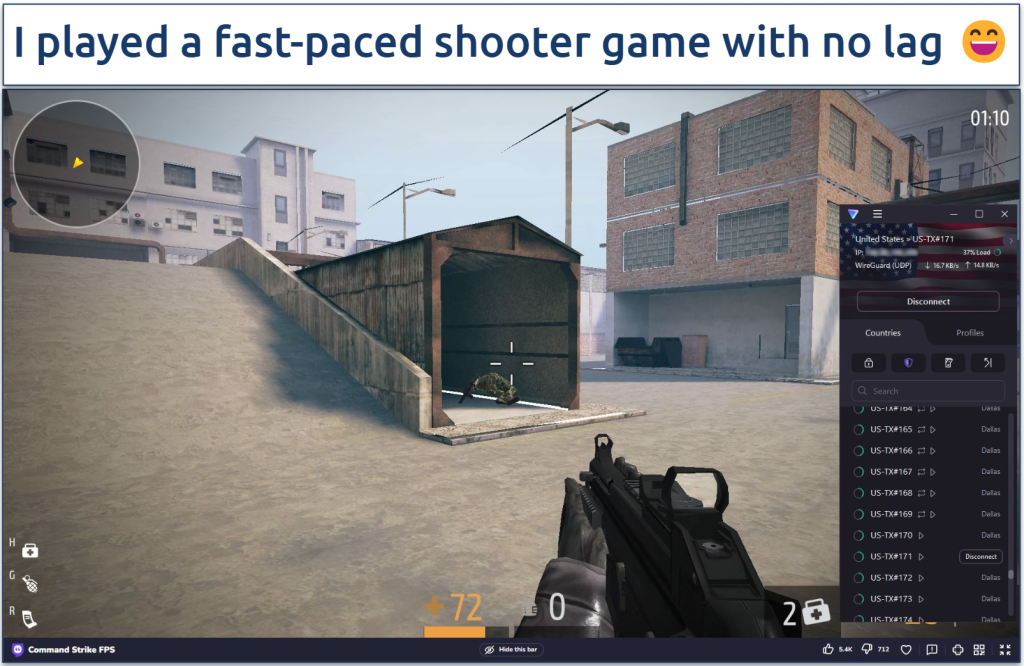 A screenshot showing playing Command Strike FPS while connected to Proton VPN's fastest server