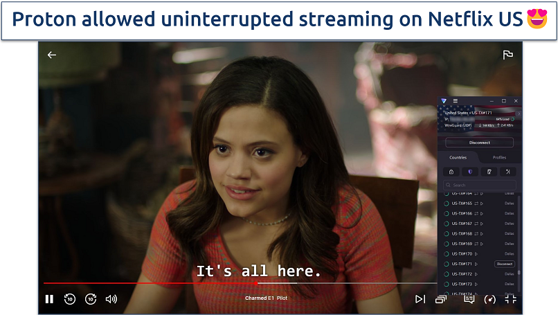 A screenshot of Charmed playing on Netflix US with Proton VPN connected to a US streaming-optimized server