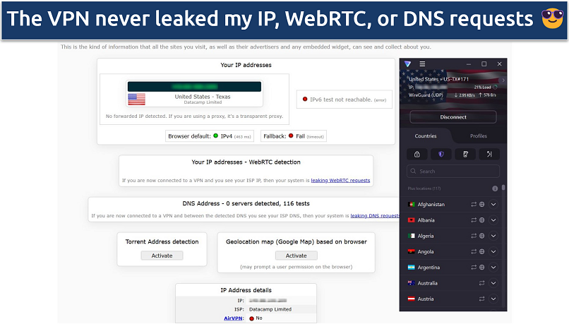 A screenshot showing Proton VPN passed DNS, IP leak, and WebRTC tests