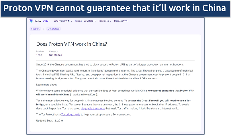 A screenshot showing Proton VPN statement on whether it works in China