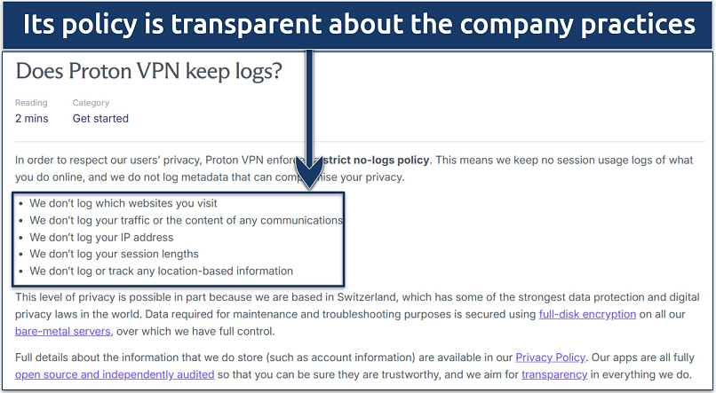 A screenshot showing Proton VPN doesn't log sensitive information like IP address, traffic logs, and session lengths