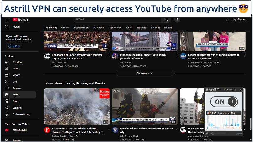 Screenhsot of YouTube's News category with Astrill VPN connected to the US