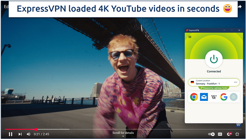 Screenshot of a music video streaming on YouTube in 4K with ExpressVPN connected 