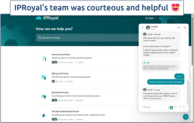 Screenshot of the IPRoyal documentation webpage with an active live chat support session