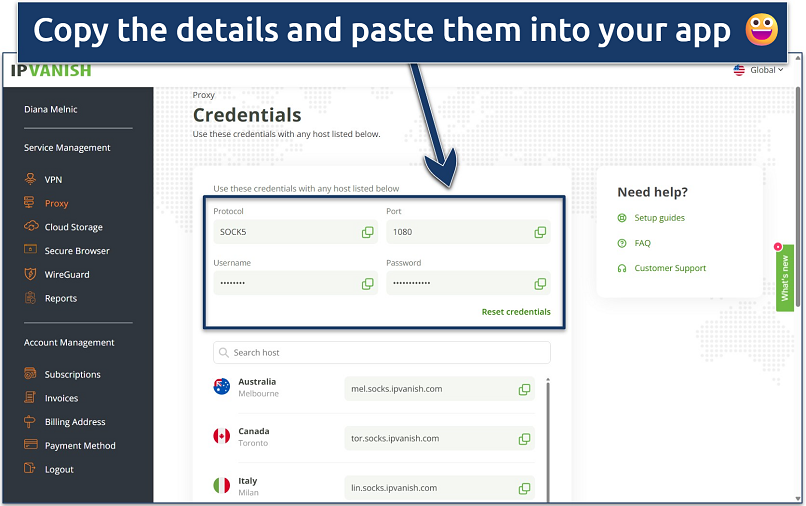 Screenshot from IPVanish website account dashboard home page with is proxy credentials and host locations