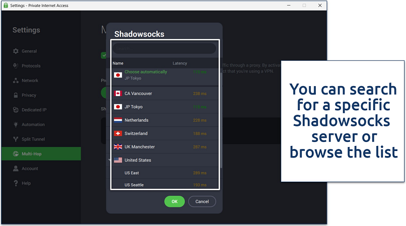 Screenshot of the PIA Windows app with its Multi-Hop and Shadowsocks server list