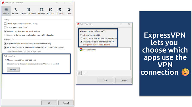 Screenshot of ExpressVPN's split tunneling settings