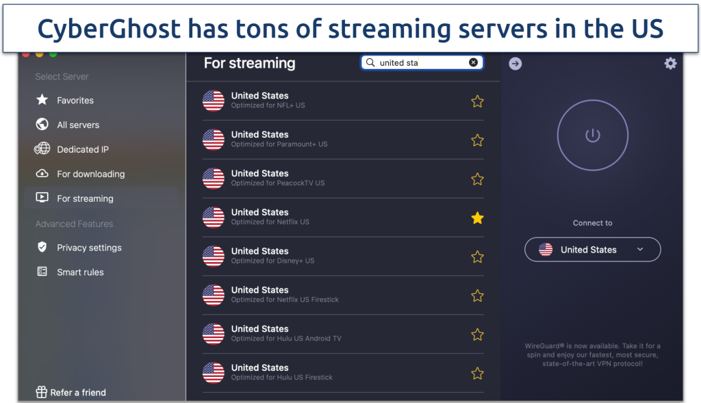 Screenshot of CyberGhost's list of US-based streaming-optimized servers