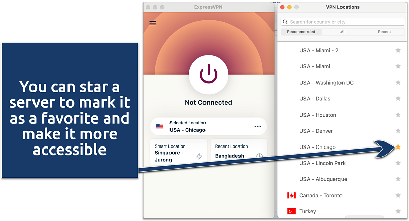 Screenshot of ExpressVPN's Mac app showing its servers in the US