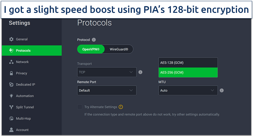 Screenshot of how to switch between 128- and 256-bit encryption on PIA's app