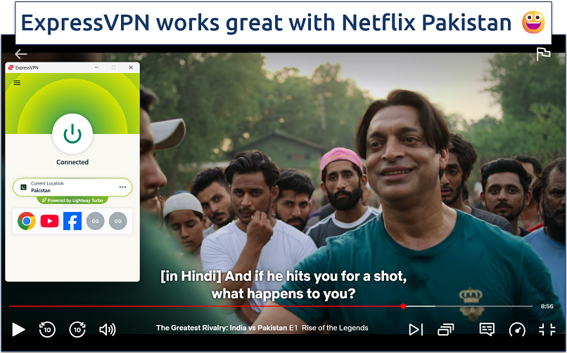 Screenshots of streaming The Greatest Rivalry: India vs Pakistan on Netflix while connected to the ExpressVPN Pakistan server