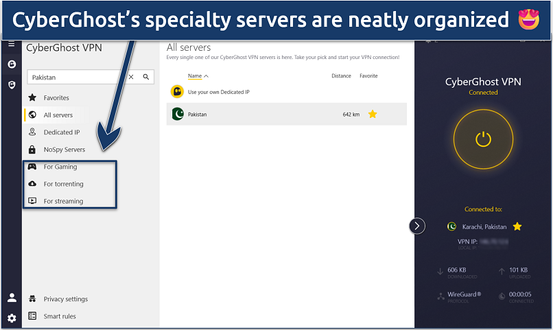 Screenshots of the CyberGhost Windows app with its specialty server categories highlighted