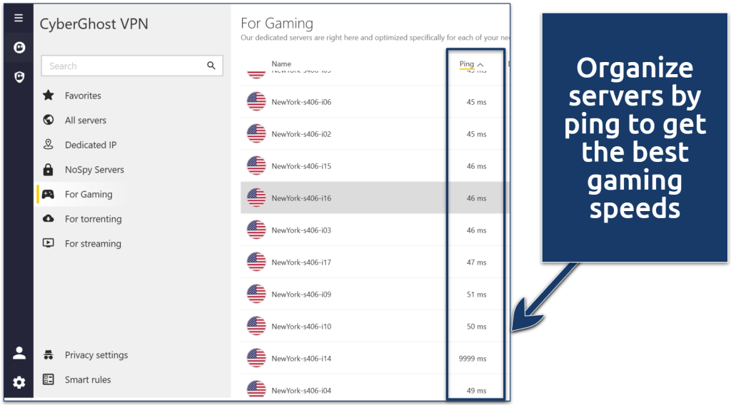 Screenshot of CyberGhost Window's app highlighting the ping ratings next to servers in the list