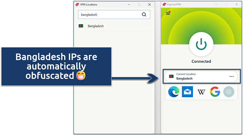 Screenshot of ExpressVPN Window's app connected to a Bangladesh server