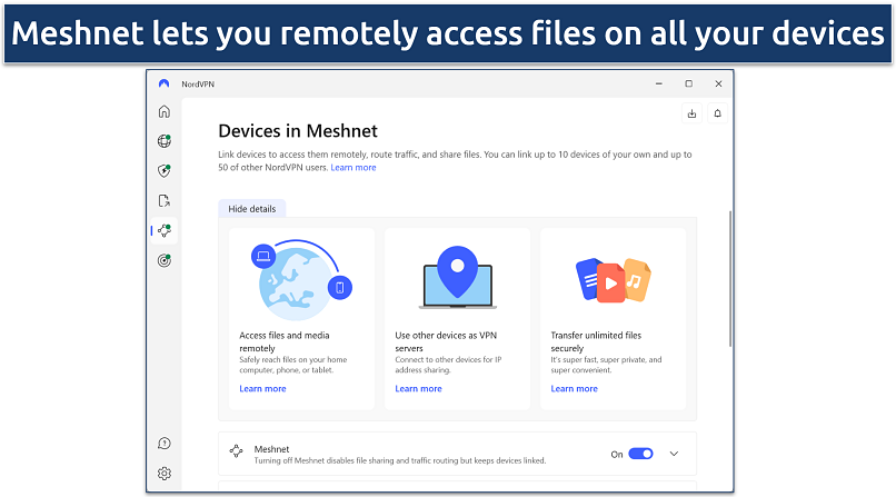 Screenshot of NordVPN's Windows app highlighting its Meshnet feature