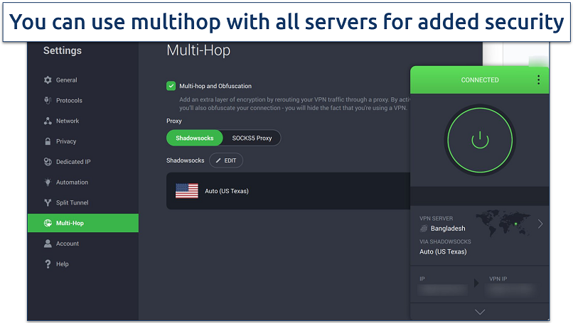 Screenshot of PIA's Windows app highlighting the multi-hop feature