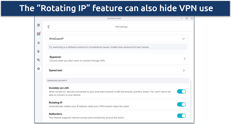 Screenshot of Surfshark's Windows app highlighting the Rotating IP feature