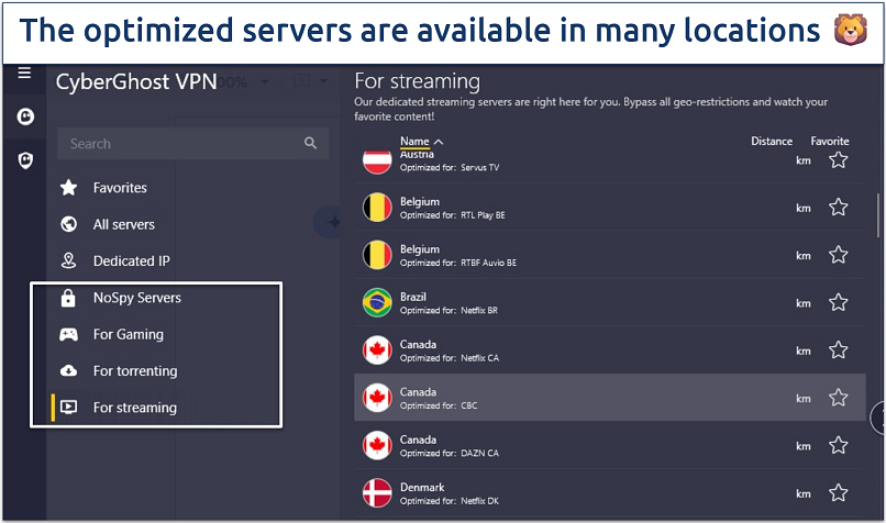 Screenshot of CyberGhost optimized servers for Canada
