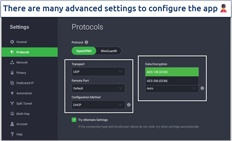 A screenshot of PIA's app protocol and encryption settings