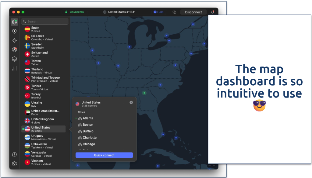 Screenshots of the NordVPN macOS app connected to its Atlanta server